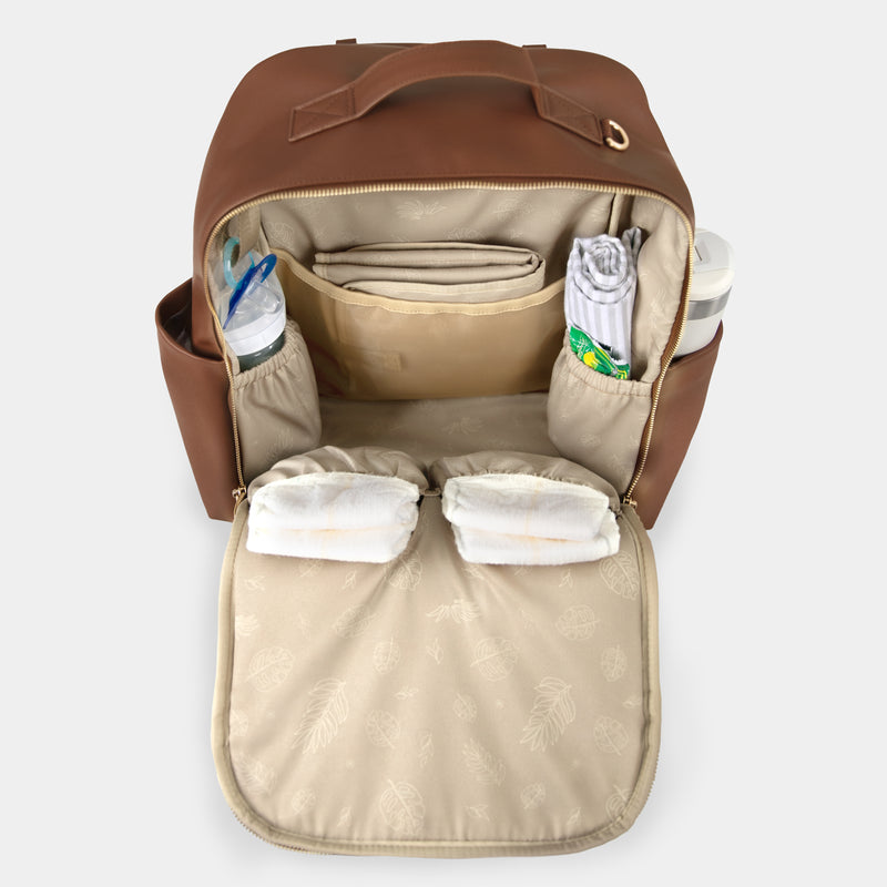 Peek-A-Boo Vegan Leather Diaper Bag Backpack 2.0 in Toffee